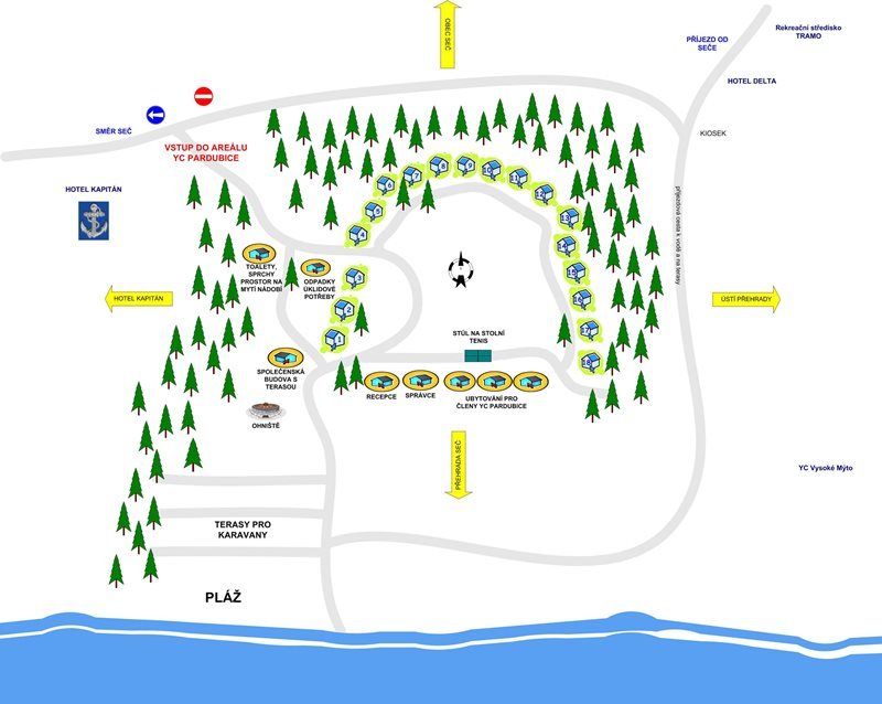 Yachtclub Pardubice, sportovní areál a ubytování na Seči